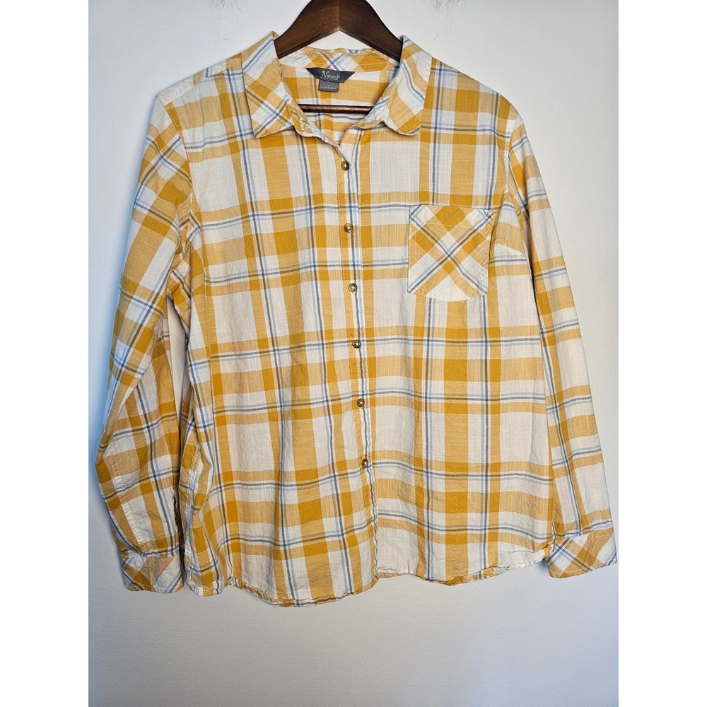 Cottagecore Natural Reflections Plaid Button Down Women XL‎ Yellow Cotton Shirt